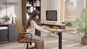 ONBRILL Standing Desk with Adjustable Monitor Shelves, 63 x 24 Inches Electric Stand Up Desk with Memory Controller and Adjustable Height from 28-46 inches for Computer Workstations, Oak Brown