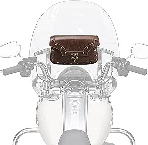 NICECNC Motorcycle Windshield Bag, Vintage Crazy Horse Texture PU leather, Windscreen Studded Pouch Compatible with Road King 1995-2019 2020 2021 2022 2023 Softail, Quick Access, Easy to Install,Brown