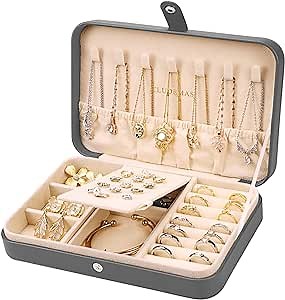 Travel Jewelry Box Case Organizer for Women Girls, PU Leather Small Jewelry Storage Boxes, Portable Display Jewellery Holder for Watch Rings Earrings Necklaces Bracelets Men Kids Gift, Grey