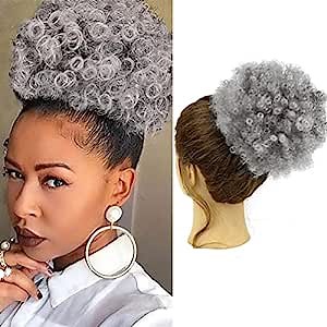 1PCS Afro Puff Drawstring Ponytail Human Hair 80 Grams Elastic Drawstring Ponytail for Black Women Short Synthetic Curly Hair Bun Extension for Daily Use-Gray