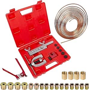 Wztepeng Brake Line with Flaring Tool Kit - Copper Coated 3/16 Brake Line Kit +Tube Bender (Includes 16 Fittings and 4 Unions Brake Line Fittings) + Brake Line Double & Single Flaring Tool Kit