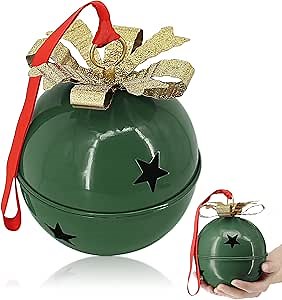 Christmas Large Jingle Bells, 6 inch Jumbo Christmas Decorative Bells for Tree Mantel Indoor Outdoor Metal (Green)