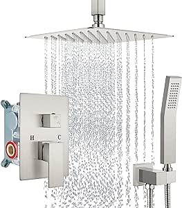 Aolemi Ceiling Mount Shower System with 8 Inch Rainfall Shower Head and Handheld,Shower Faucet Fixture Combo Set with Handheld Spray Rough in Valve Included,Brushed Nickel