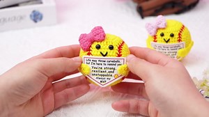 Crochet Positive Softball, with Bow and Motivational Message Card, Knitted Softball Gift for Players, Teammates or Lovers