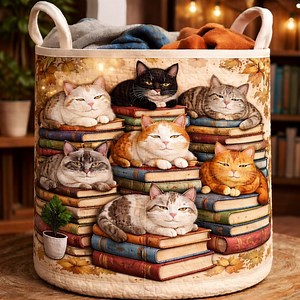 Handmade Cat Laundry Basket With Books – Quilted Hamper Featuring Sleeping Cats on Stack of Vintage Books, Ideal for Cat Lovers Bookworms - Etsy Canada