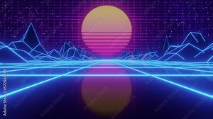 Synthwave Sunset. Animated Background. 80s Sun. Wireframe Landscape. Retro Future Perspective Grid. Retrowave Style. Sci-fi Abstract Backdrop. 3d render. Seamless loop