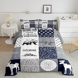 Feelyou Bear Deer Comforter Set Hunting Camping Bedding Set for Kids Boys Girls Deer Antler Comforter Rustic Cabin Plaid Duvet Set 1 Comforter Set with 1 Pillowcase Twin Size Boys