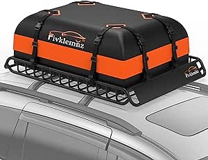 Car Rooftop Cargo Carrier Roof Bag Waterproof for All Top of Vehicle with/Without Rack Includes Topper Anti-Slip Mat + Reinforced Straps + 6 Door Hooks + Luggage Lock (Roof Rack Basket + Roof Bag)