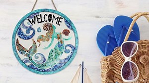 Beach Coastal Mermaid Welcome Front Door Sign, Nautical Ocean Mosaic Art Wood Plaque Hanger Outdoor Outside Porch Home Decor, Summer Sea Wave Shell Wooden Wreath Indoor Wall Hanging Decoration