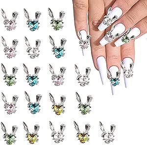 20PCS Bunny Nail Charms, Silver Bunny Heart Charms for Acrylic Nails, 3D Alloy Rabbit Art Rhinestones for Women DIY Easter Nails