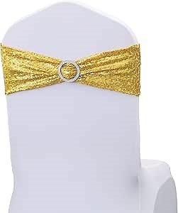 Gold Sequin Chair Sashes 50 Pack Glitter Chairs Bows Bands for Wedding Party Brithday Bridal Shower Engagement Fiestas Events Decorations, Glitter Gold Chair Sash