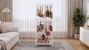 Hayexiha 3-Tier Purse Organizer for Closet with 16 Wide Hooks, Rolling Purse Rack Stand with Wheels for Purse Storage, Adjustable Handbag Organizer, Large Tall Purse Storage Organizer for Small Place