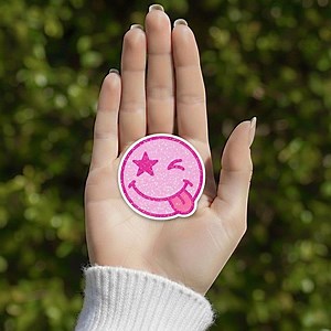 Y2K Pink Smiley Face Sticker – Tongue Out Wink with Star Eye Holographic Decal