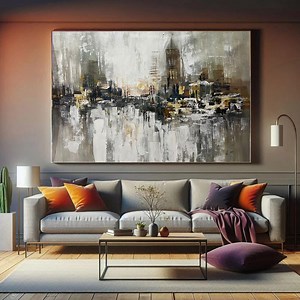 Modern Neutral Abstract Cityscape Painting | Contemporary Urban Wall Art in Beige, Grey & Gold Accents - Etsy