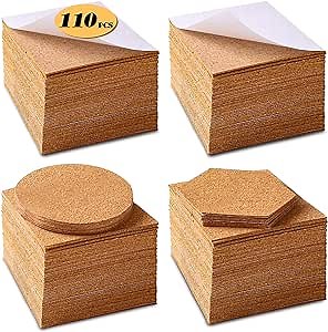 Self-Adhesive Cork Squares 110 PCS Cork Adhesive Sheets 4 x 4 Inch for Coasters and DIY Crafts, Cork Board Squares Cork Backing Sheets Mini Wall Cork Tiles Mat with Strong Adhesive