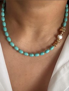 Turquoise Stone Beaded Necklace With Freshwater Pearl and Gold Accent Beads - Etsy