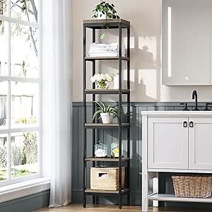 6 Tier Tall Bathroom Shelf, Narrow Shelving Unit with Steel Frame, Freestanding Slim Storage Rack for Bathroom, Living Room, Bedroom, Kitchen, Bathroom Storage Corner Shelf (Oak Gray)