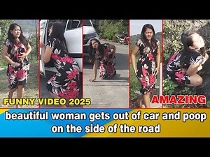 beautiful woman gets out of car and poop on the side of the road