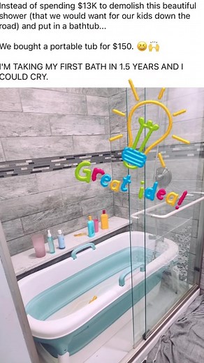 120 reactions · 16 comments | Good idea?! This couple bought this home with a gorgeous shower…pre-children. Instead of a massive renovation, they simply bought a tub to use while the kids are little! $150! Genius! | Kelly Frey, Realtor | Facebook