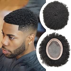 RESHE Afro Toupee For Black Men Human Hair Pieces NPU Monofilament Mens Toupee Wave Hair Units For Black Mens Toupee Hair Replacement System For Man8X10 4MM Afro Wave#1B Off Black