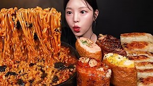 131K views · 3.1K reactions | Spicy Buldak Soup Ramen with Giant Inari Sushi & Shrimp Dumplings Mukbang ASMR | Boki Mukbang | Facebook