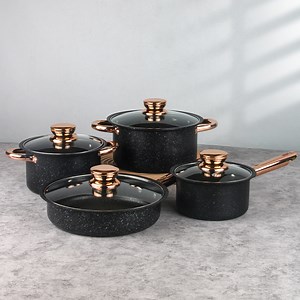 [Hot Item] 8-Piece Thicken Marble Coated Non-Stick Cookware with Gold-Plated Handle Cookware Kitchenware