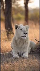 16K views · 1.1K reactions | A rare white adult lion sits peacefully near large trees surrounded by dry grass in an African safari park. Captured in natural daylight from a safe distance, this calm scene shows realistic animal behavior, authentic proportions, and true-to-life colors. #WhiteLion #AfricanSafari #WildlifeDocumentary #BBCStyleWildlife #BigCats #SafariLife #WildlifeMoments | Wild Zone | Facebook