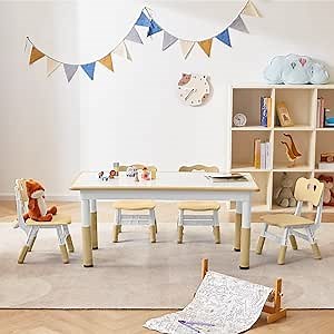 Kids Table and 4 Chairs Set, Children Study Desk, Dining Table, Height Adjustable Plastic Desk Painting Desktop Toddler Furniture for Boys and Girls (Beige)