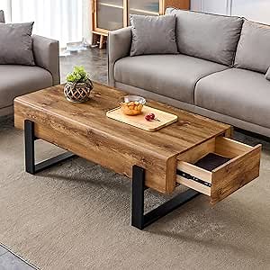 Rectangular Coffee Tables, 47.2-Inch MDF Table Top, Metal Legs, Brown Wood with Drawers for Home Office, Guest Room and Conference Room