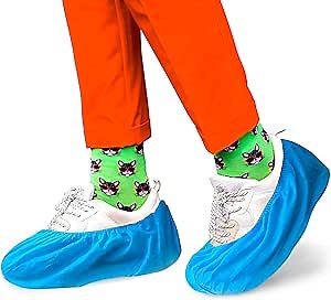 AMZ Medical Supply Disposable Shoe Covers for Indoors, 6 x 15 Inches. Pack of 50 White Blue Shoe Covers Disposable Non Slip. CPE Overshoes for Men. Shoes Booties for Women with Double Layer Bottom