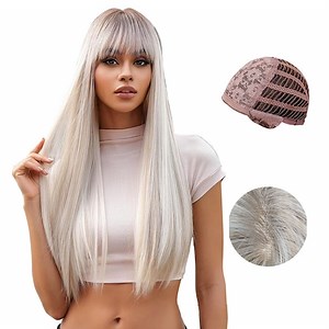 Peruca XONGSOR pentru femei, lungime 63cm, blond rece platinat, cu breton, sintetica, ajustabila - eMAG.ro