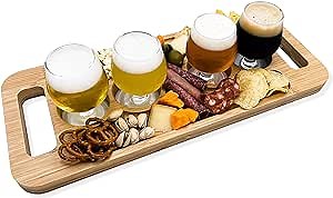 Unna Flight Board with 4 Tulip Glasses - Premium Natural Bamboo Beer Flight & Wine Flight Tasting Set, Craft Beer Gift Set, Whiskey Flight Board, Tequila Flight Board, Unique Charcuterie Board