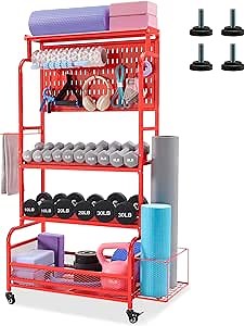56'' Taller Home Gym Storage Organizer, Yoga Mat Storage Rack with Hanging Board, Exercise Workout Equipment Storage Stand for Home Gym, Dumbbell Holder Kettlebell Rack with Wheels and Hooks