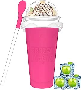 Slushy Maker Cups, DIY Magic Slushy Maker Squeeze Cups, Portable Smoothie Squeeze Cup for Juices, Milk and Ice Cream Make, Double Layers Silicone Slushie Cup with Straw for Friends,Family Gifts-Pink