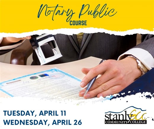 Want to invest in your future? There are TWO chances for you to take the Notary Public course in April! Sign up now to secure your spot. 📝 Classes will be held on April 11th and 26th from 9 a.m. - 5:30 p.m. at our Crutchfield Education Center in Locust. To register, call 704-991-0123 or email onestop@stanly.edu. #SCC #Notary #ConEd #SpringCourse" | Stanly Community College