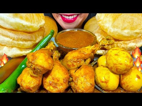 ASMR SPICY CHICKEN CURRY, EGG CURRY, CHILI, PURI MUKBANG MASSIVE Eating Sounds