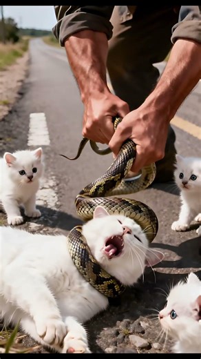 Cat and Kittens from Giant Python Attack! 🐍🐱#CatRescue #HeroicRescue #AnimalSaving #Python #shorts