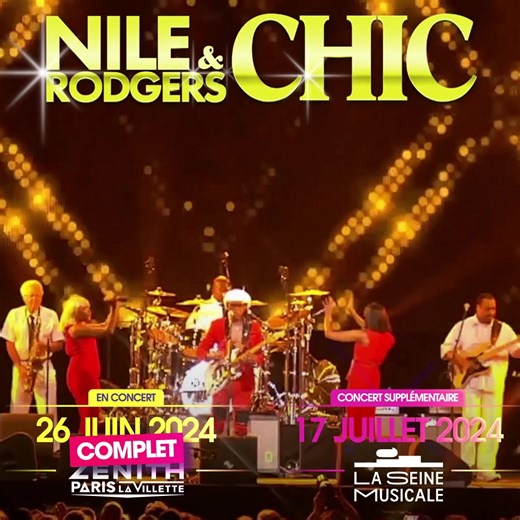 Créateur de tubes et guitariste de légende, Nile Rodgers réunit son mythique groupe CHIC le mercredi 26 juin 2024 au Zénith de La Villette et le mercredi 17 juillet 2024 à la Seine Musicale pour deux concerts forcément exceptionnels 🪩 Avec Kimberose en invitée spéciale ⭐ Réservez vite 🎟️ | Gérard Drouot Productions