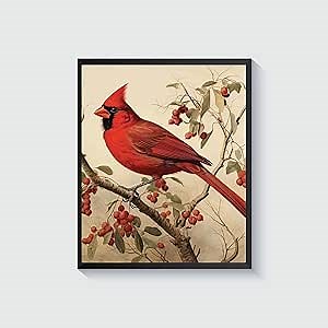 Cardinal Poster Art Print Retro Vintage Bird Wall Art, Nature Themed. Vintage Inspired Bird Decor (Cardinal, 16x20 inches + Black Frame)