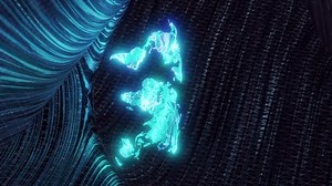 Digital hologram of Earth flat map in neon colors, vertical view