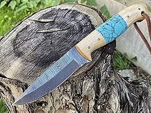 Perkin Damascus Fixed Blade Hunting Knives with Sheath-Handmade Full Tang Bushcraft Fixed-Blade Knives for Survival, Fighting, Outdoor, Camping, Unisex Adults-T100 Knife