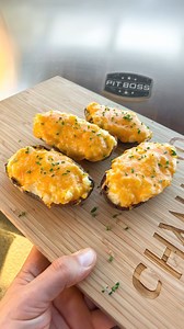 Creamy, Crunchy, Cheesy Twice Baked Potatoes 🤯 Former Kansas City Chiefs Offensive Tackle, Mitch Schwartz put his Pit Boss Pro Series 1600 Elite to work for this easy, cheesy recipe! Here's how to make it for your family this holiday season 👇 Ingredients: 2 Russet Potatoes 1/2 stick butter 1/2 cup milk, half and half, or cream Shredded Cheese Oil Salt Potato Chives, for garnish Directions: 1. Preheat your Pit Boss to 400°F 2. Wash and dry potatoes, then prick with a fork all over 3. Oil and sa