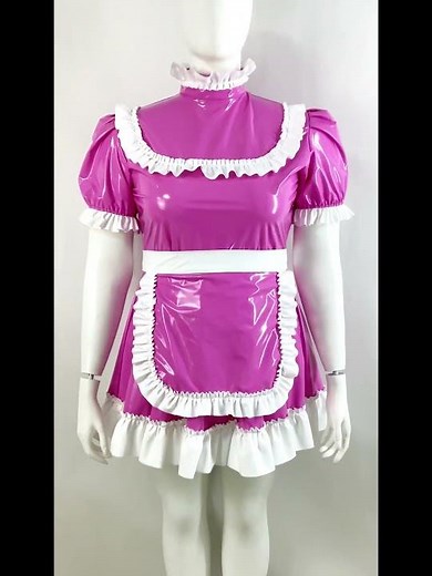 Cross-dresser Lolita Ruffles Maid Uniforms Wetlook Puff Short Sleeve Maid Dress with Lockable