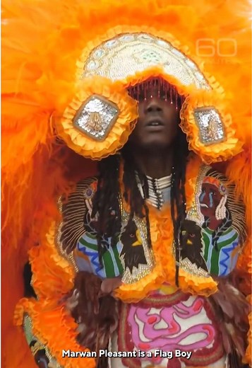 On Mardi Gras day, a big chief will typically have a crew — spy boys, flag boys, wild men and a big queen — that all work together to setup a showdown with another so-called tribe. “It's warfare,” Walter Fair, a spy boy for the Young Seminole Hunters, told Bill Whitaker. “It's basically a battle… to see who's the prettiest.” #mardigrasindians #neworleans #nola