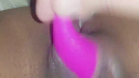 Soaking Wet tight black pussy getting thrash by lush 2 toy and big white fingers