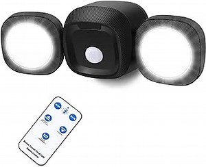 iThird Battery-Operated Motion Sensor Outdoor Light Remote Control: 3 Lighting Modes LED Flood Light, 3 Levels Brightness Motion Activated Security Lights Outside House Garage Patio Shed, Black-1P