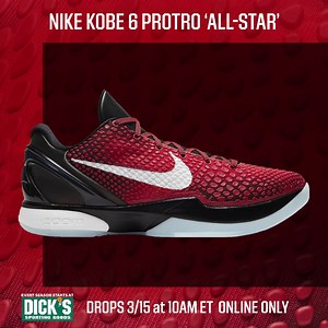 Paying homage to the legend's nickname, this scale-clad show is (almost) here 🖤🐍. The Nike Kobe 6 Protro 'All-Star' drops 3/15 at 10AM ET. Online Only. #RecognizeTheGame | DICK'S Sporting Goods