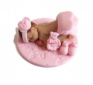 Baby Girl Fondant Sleeping Baby, Baby Shower Cake Topper, Pink Ruffle Baby, Flower Headband, Baptism, Christening, Handmade Edible, Baby - Etsy