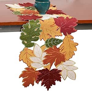 Thanksgiving Table Runner 72 Inch Long Fall Leaves Autumn Embroidered Table Decoration Leaf Cutwork Festive Holiday Orange Coffee Dining Table