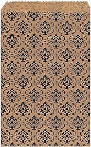MOOCA 200 pcs Damask Paper Gift Bags, 5 W x 7 H in, Brown with Black Damask